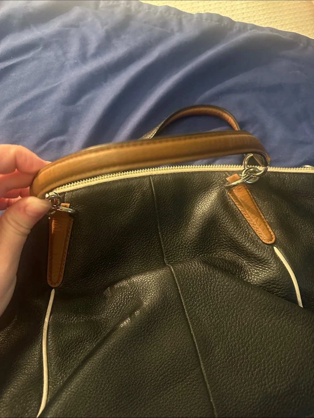 Coach Black Leather Hand Bag with Tan Handles and White Trim